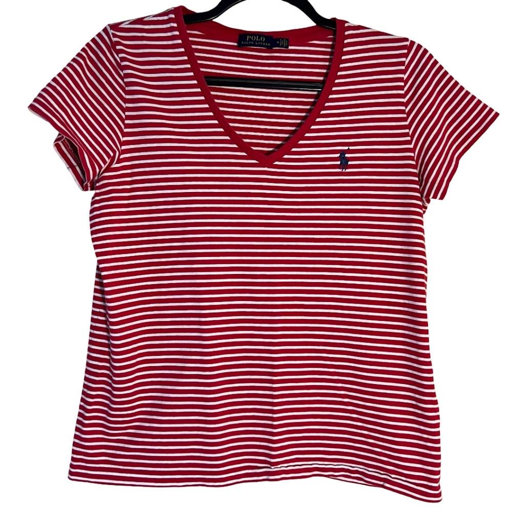 Polo Ralph Lauren Short Sleeve Red/White Striped V-neck Top